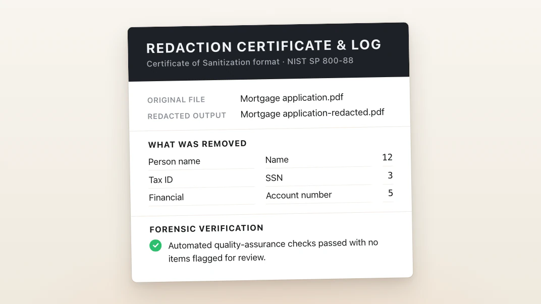 A Cover redaction certificate and log: the original and redacted file, what was removed by type, and the verification result