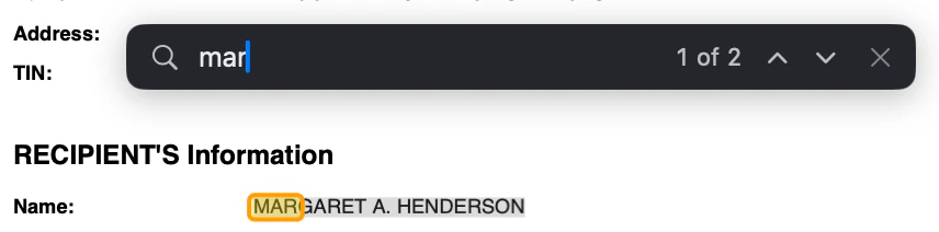 The find bar searching a PDF for "mar", highlighting the first of 2 matches in the recipient's name