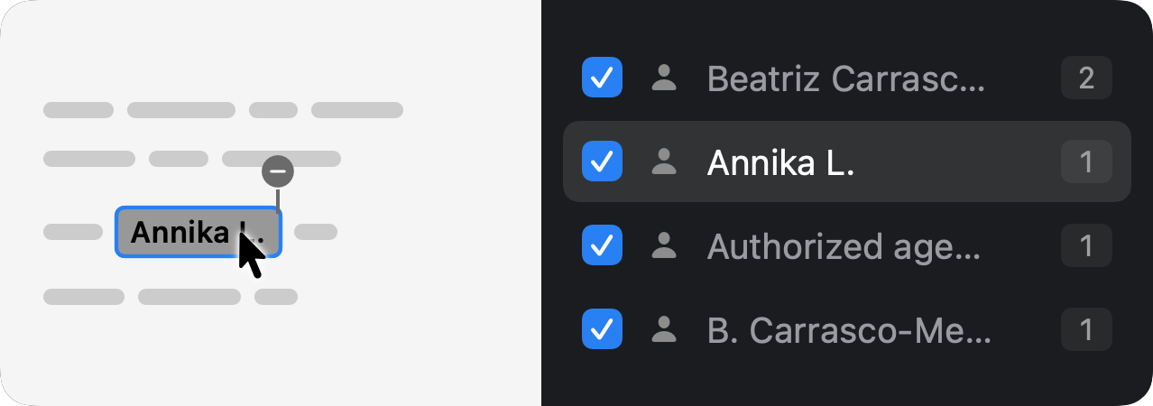 Hovering a redacted name on the page highlights its matching row in the terms list on the right