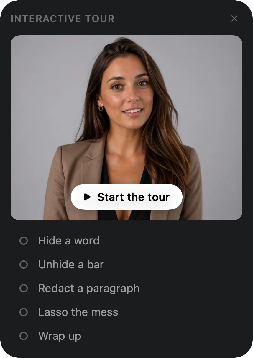 The interactive tour panel: Ava with a Start the tour button, above five steps from Hide a word to Wrap up