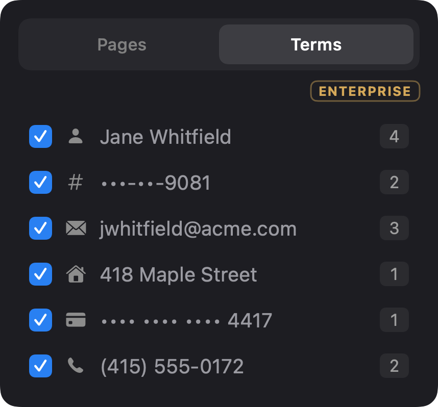 The Terms tab listing each redacted item with a checkbox and a count: a name, an account number, an email, an address, a card number and a phone number