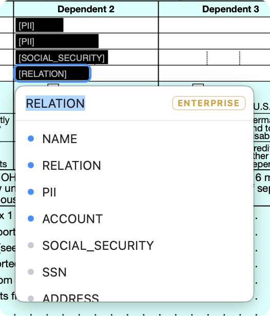 Token view on a tax form: a redaction labeled RELATION, with a menu of labels such as NAME, PII, ACCOUNT and SSN