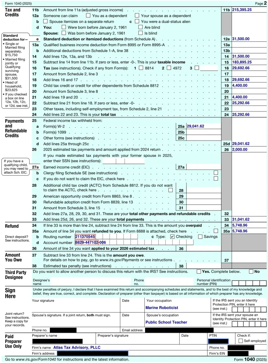 a Form 1040, page 2, redacted by Google Gemma 4