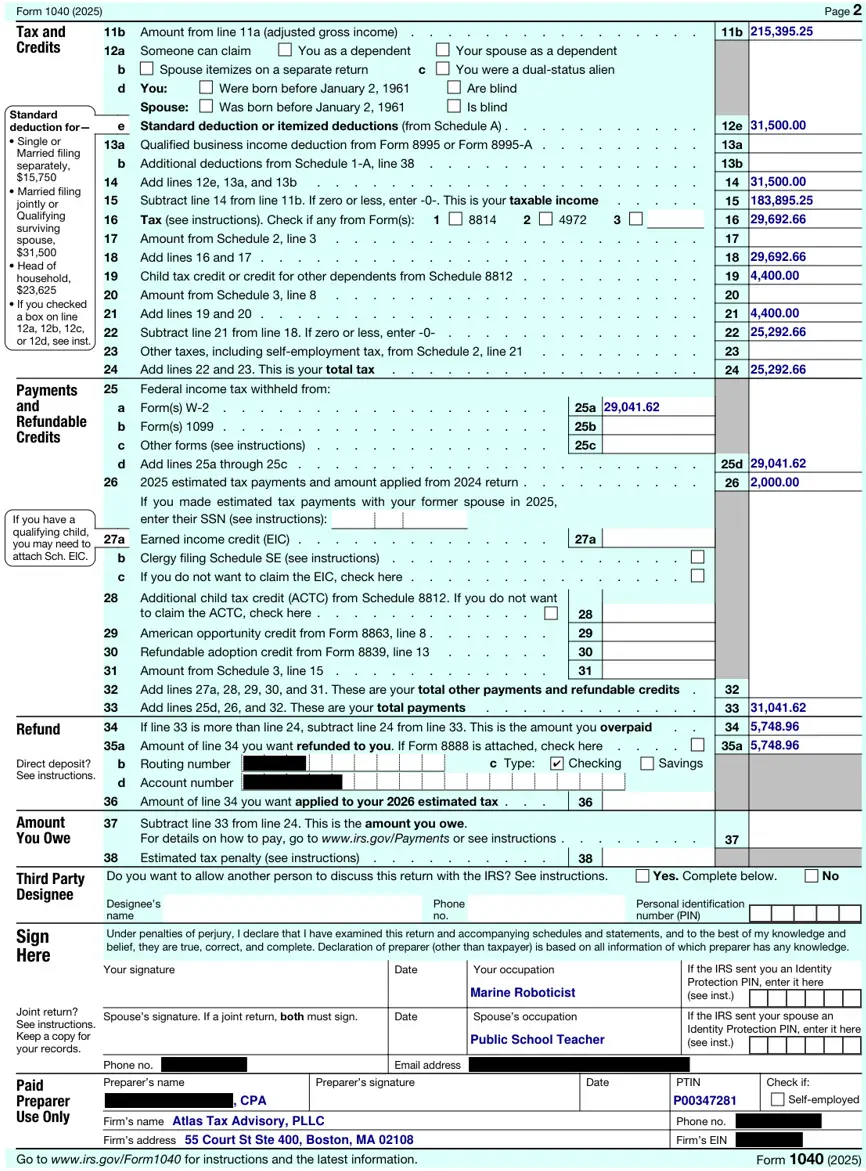 a Form 1040, page 2, redacted by Cover