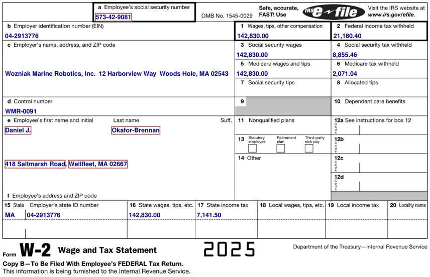the W-2 in a tax return, redacted by Apple Intelligence