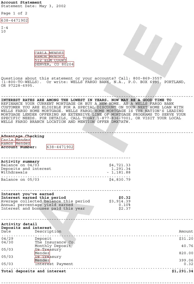 a Wells Fargo statement, page 1, redacted by Apple Intelligence