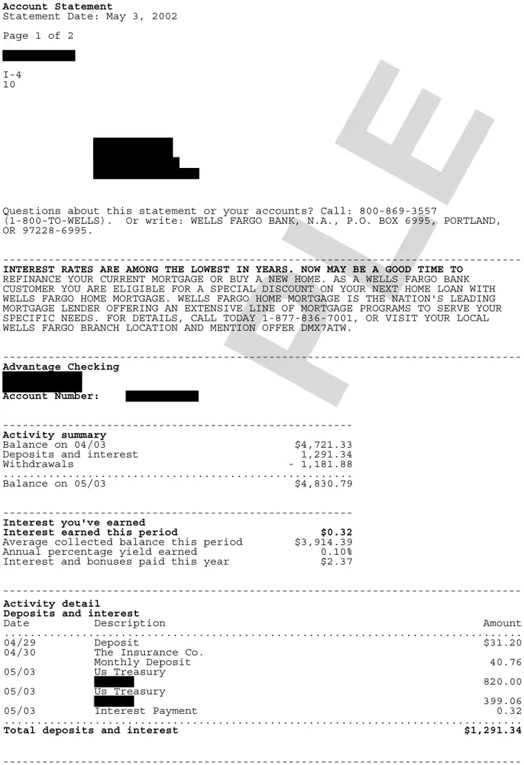 a Wells Fargo statement, page 1, redacted by Cover