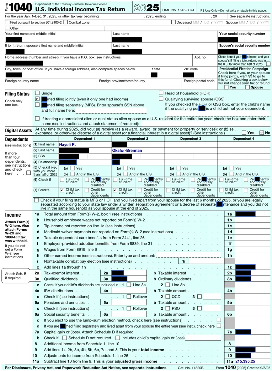 a Form 1040, page 1, redacted by Google Gemma 3