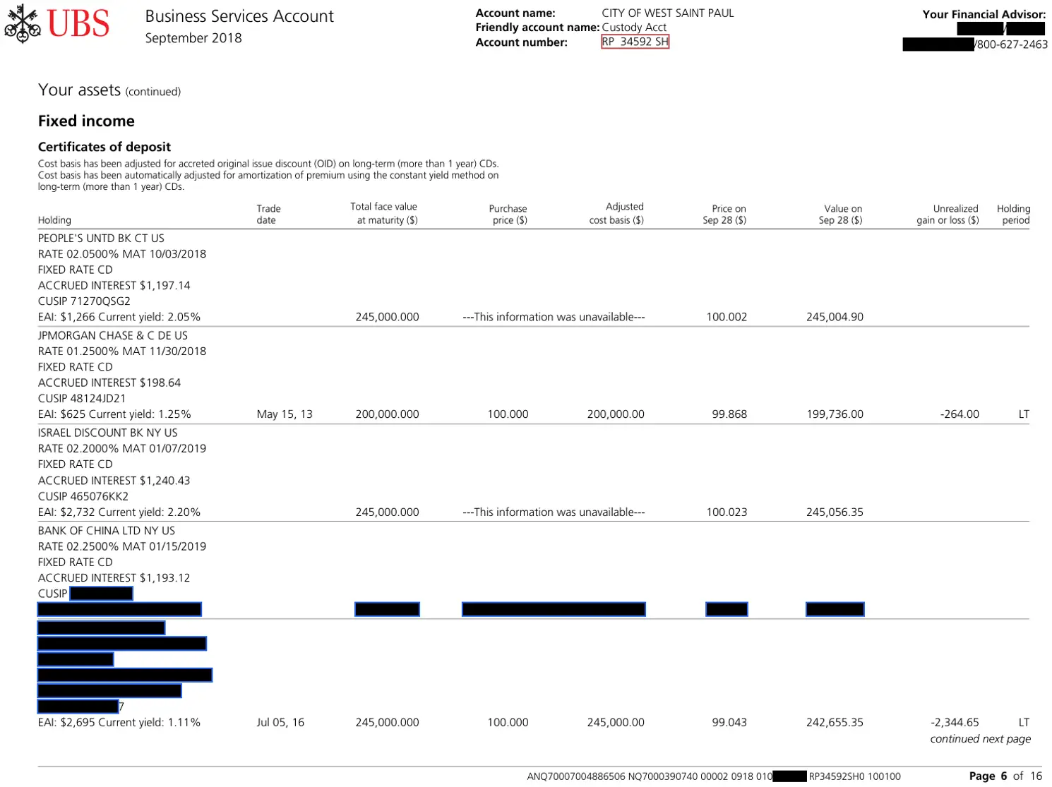 a UBS portfolio summary, page 12, redacted by America.gov PII filter